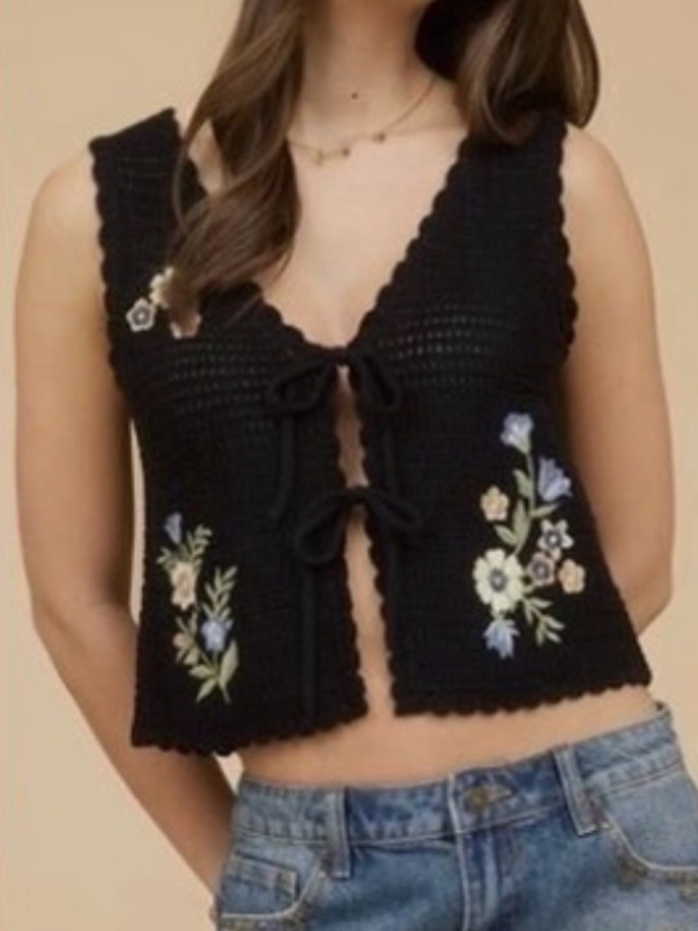 Blu Pepper Black Crocheted Floral Tie-Front Vest